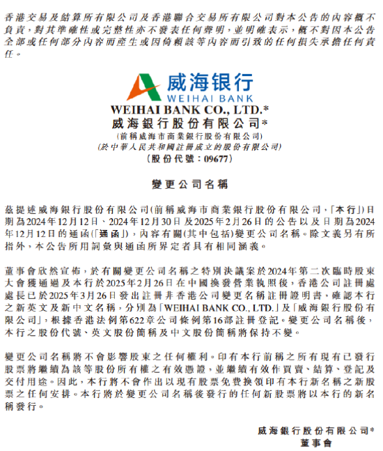 威海银行更名为“威海银行股份有限公司”