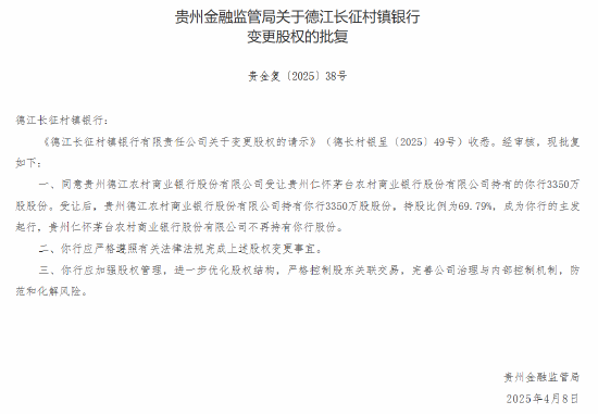 茅台农商行：获批转让6家所持村镇银行股份