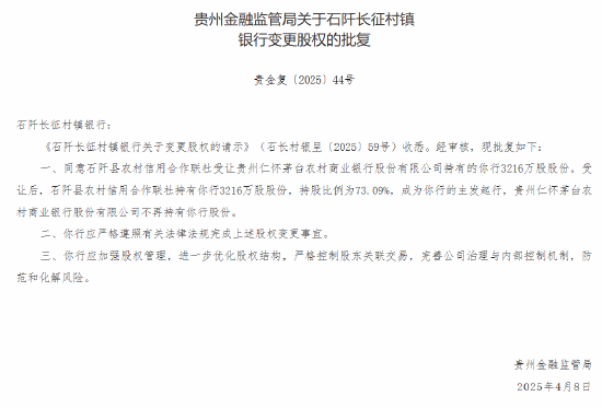 茅台农商行：获批转让6家所持村镇银行股份